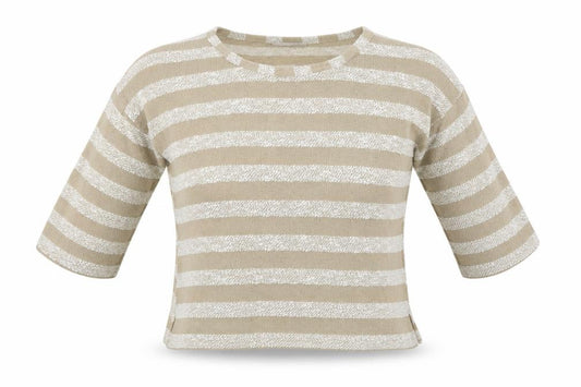 Front view of Atmosphere women’s beige striped basic t-shirt, size UK 12