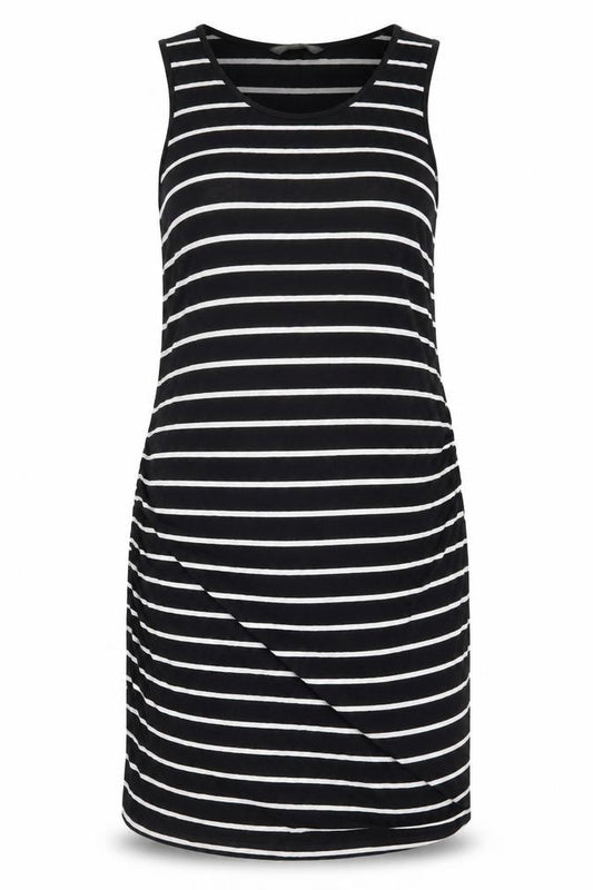 Front view of Blooming Marvellous women’s black striped jersey tank dress, size UK 14