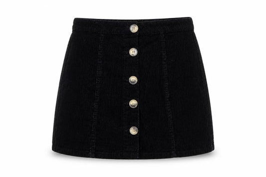 Front view of Denim & Co. women’s black corduroy mini skirt, size UK 8