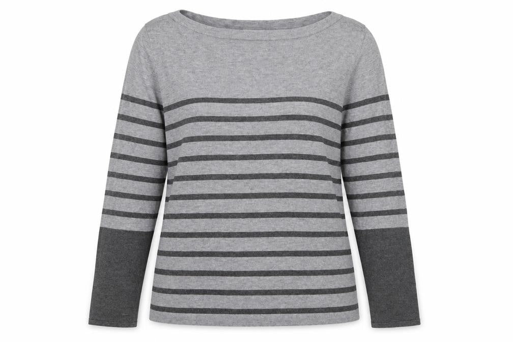 Front view of Minuet women’s grey striped knit jumper, size L