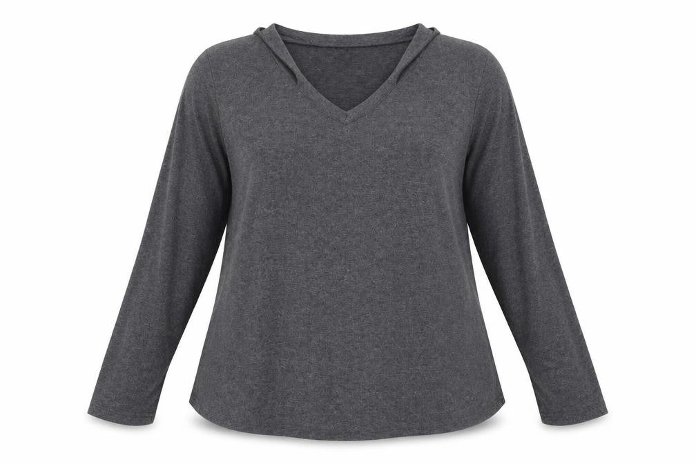 Front view of women’s grey pullover sweatshirt, size L