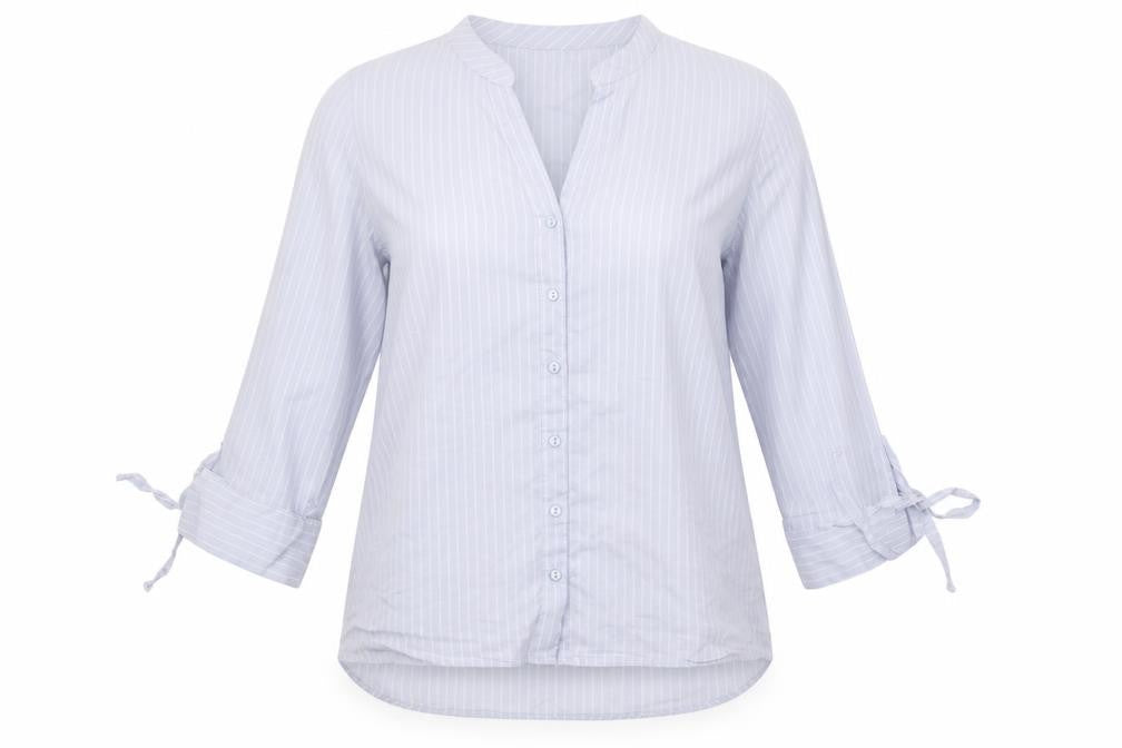 Front view of Preworn women’s blue striped basic button-up, size L