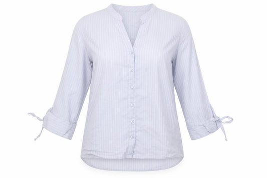 Front view of Preworn women’s blue striped basic button-up, size L