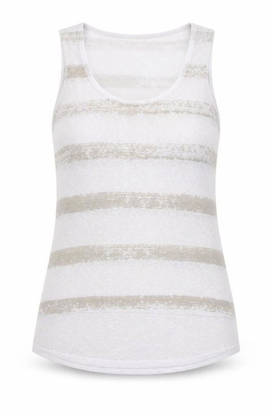 Front view of ecru women’s white striped basic tank, size S