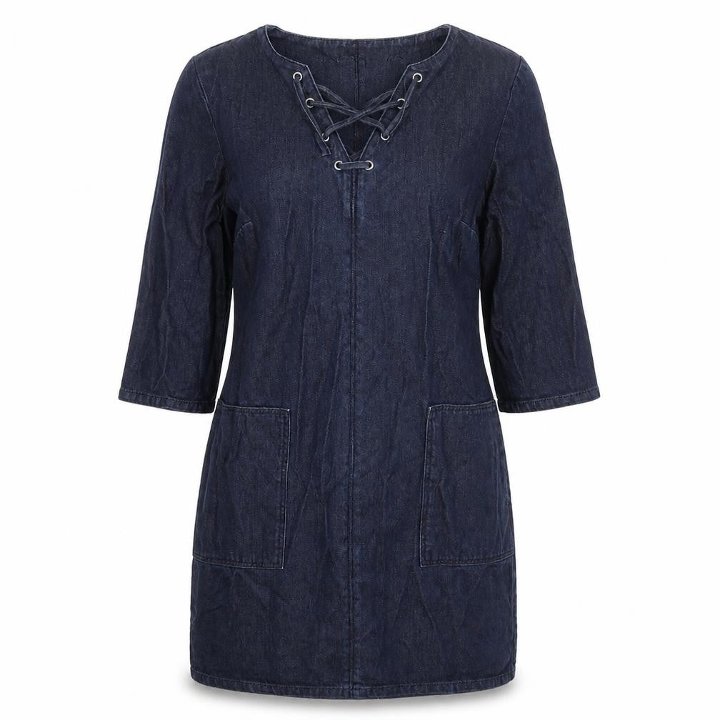 Front view of Warehouse women’s blue denim mini, size UK 12