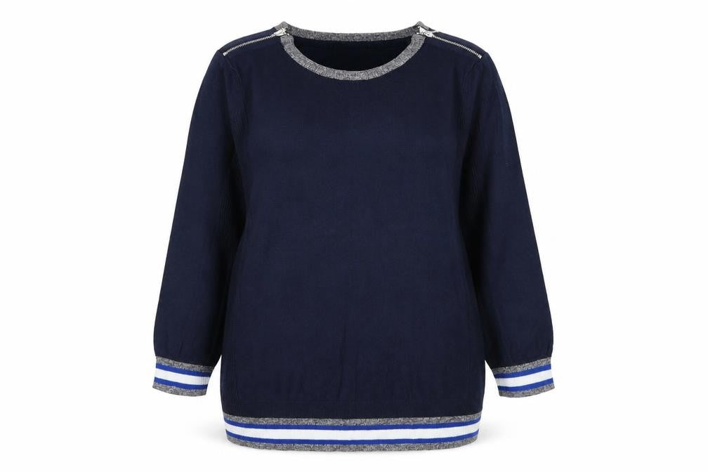 Front view of the collection women’s blue tunic jumper, size UK 14