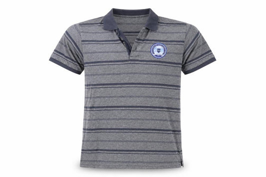 Front view of Preworn men’s grey striped polo, size S