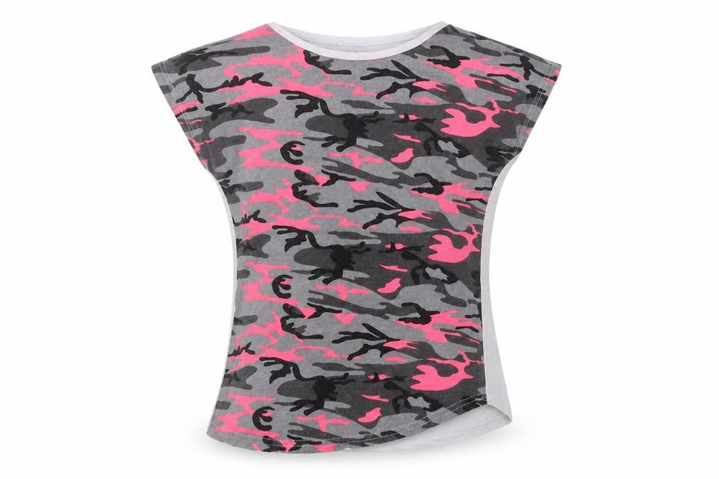 Front view of MHY women’s green camouflage basic t-shirt, size M