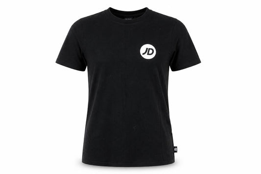 Front view of JD women’s black basic t-shirt, size UK 6