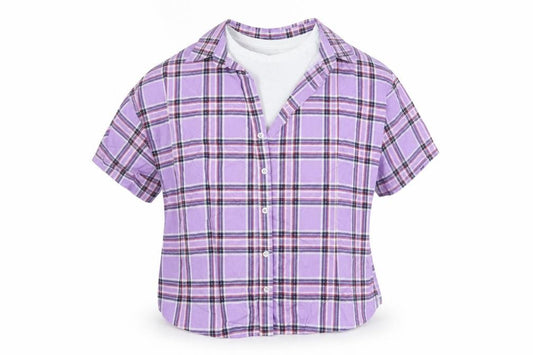 Front view of Bershka women’s purple check basic button-up, size L, - cut out shoulder