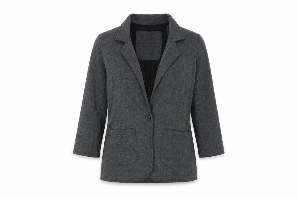Front view of Denim & Co. women’s grey jacket, size UK 8, - shoulder pads