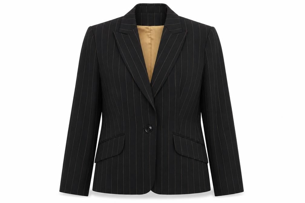 Front view of Marks & Spencer women’s brown striped jacket suit jacket, size UK 16