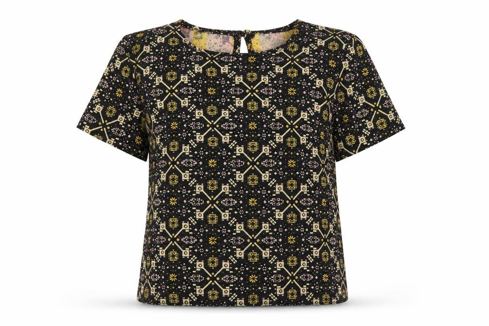 Front view of Primark women’s black geometric tunic blouse, size UK 8