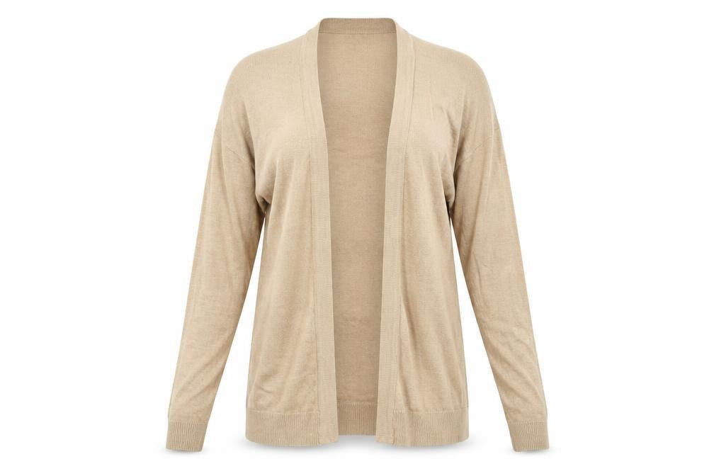 Front view of H&M women’s beige cardigan jumper, size XS
