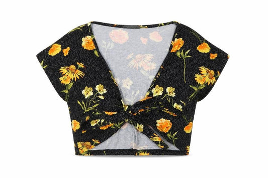 Front view of Primark women’s beige floral basic blouse, size UK 12, - tie front