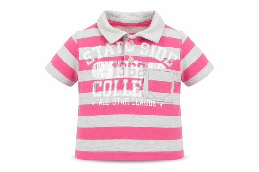 Front view of EA girls’ pink striped basic polo, size 12-18, months