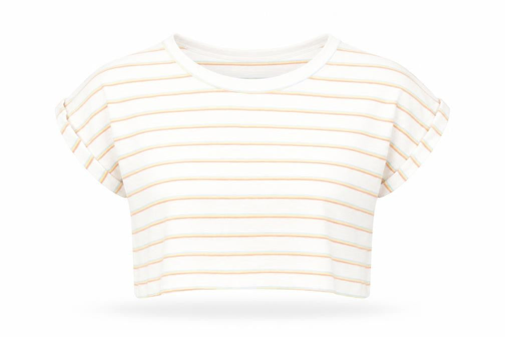 Front view of Primark women’s red striped cropped t-shirt, size UK 6