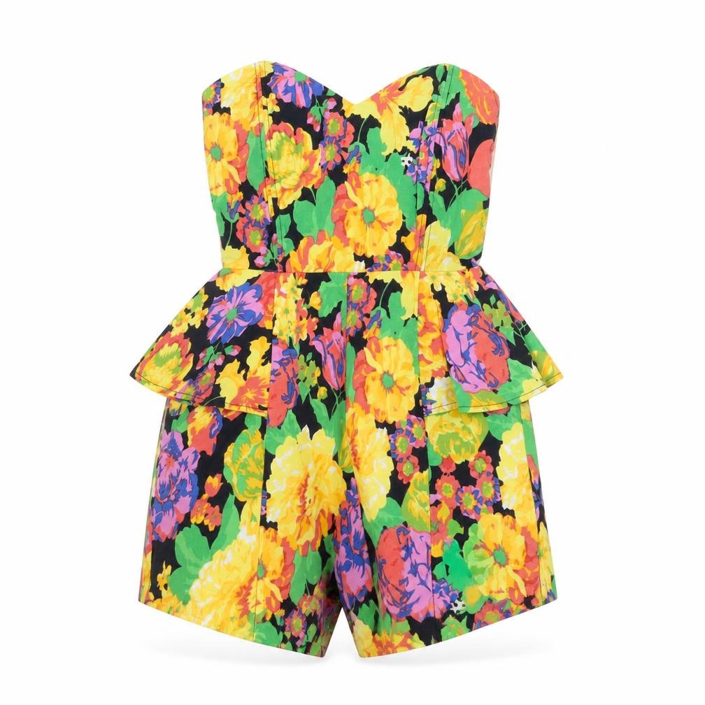 Front view of River Island women’s yellow floral shorts one-piece, size UK 6