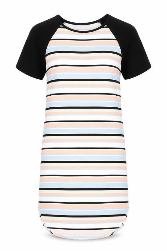 Front view of Select women’s black striped shift, size UK 12