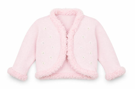 Front view of Morris Mouse girls’ pink colourblock cardigan jumper, size 2, years - fluffy trims