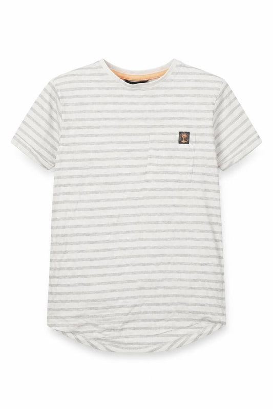 Front view of George boys’ beige striped basic t-shirt, size 8-9, years