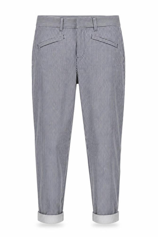 Front view of Gap women’s blue striped trousers, size UK 4, 23-inch leg