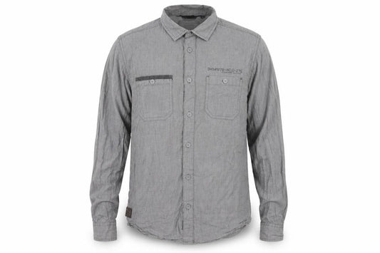 Front view of Industrialize men’s grey button-up, size S