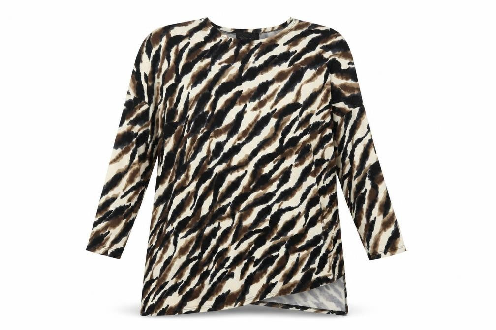 Front view of Saloos women’s beige animal print basic blouse, size UK 12