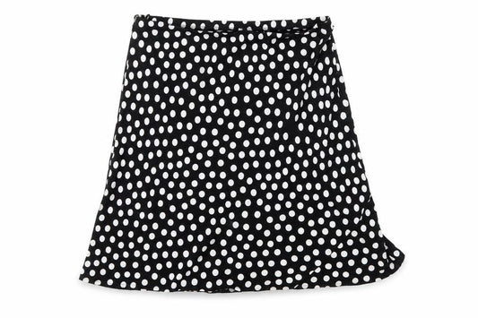 Front view of Preworn women’s black polka dot flare skirt, size UK 34, in