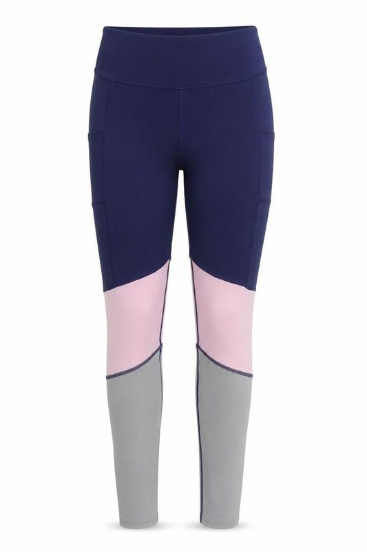 Front view of active fit for life women’s blue compression leggings, size UK 8, 26-inch leg