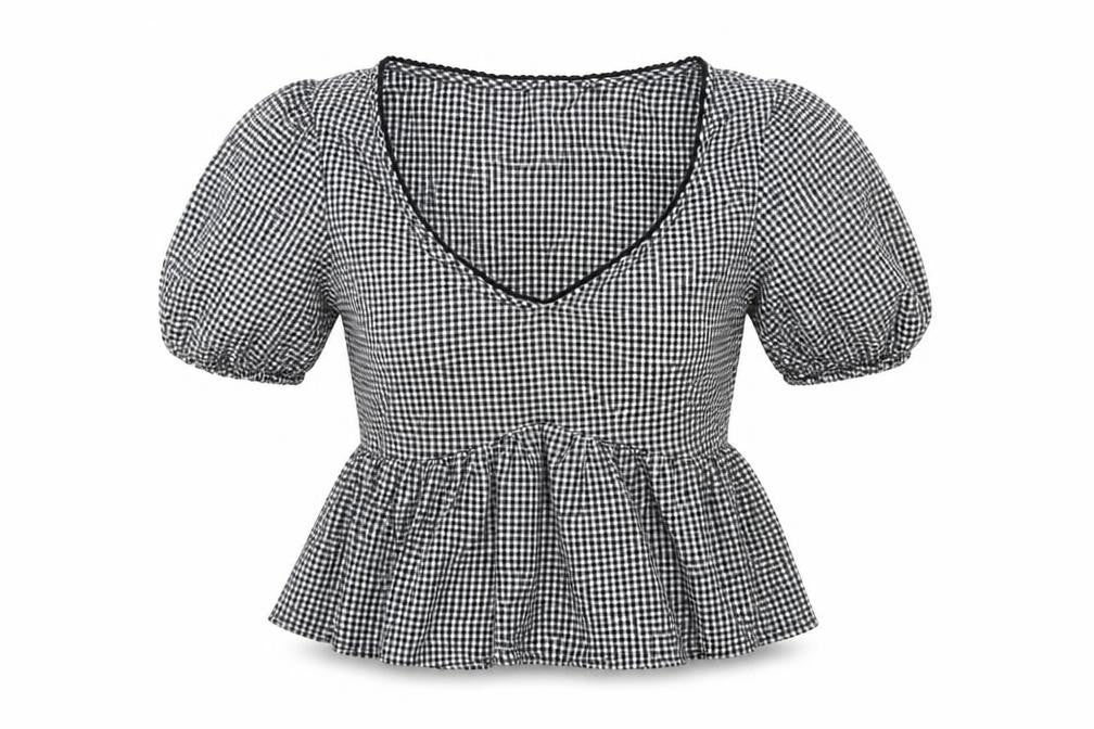 Front view of Miss Selfridge women’s black check basic t-shirt, size UK 8