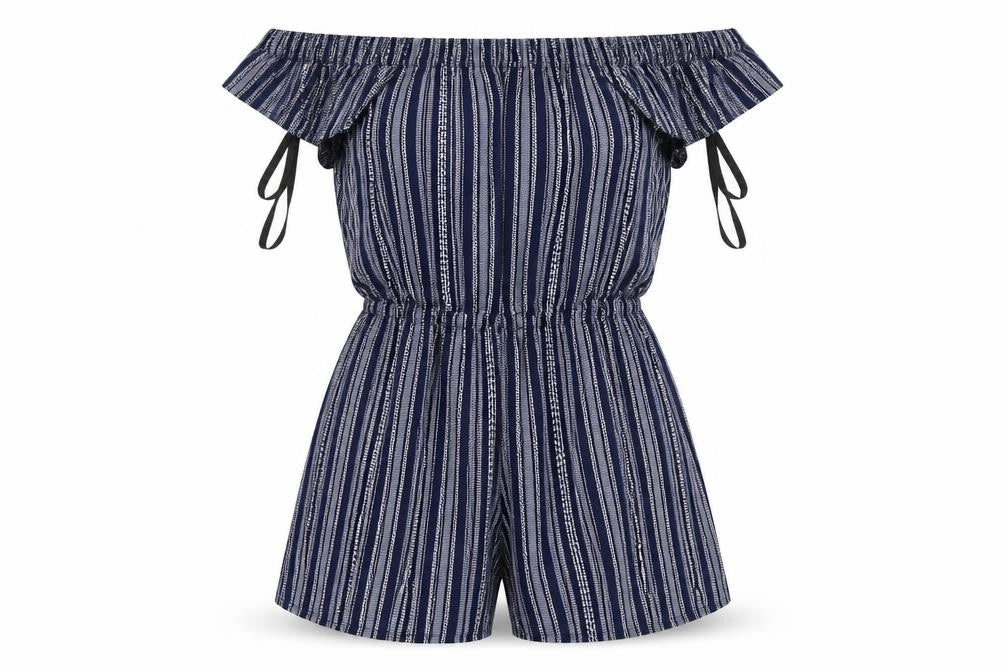 Front view of Atmosphere women’s blue floral playsuit one-piece, size UK 4