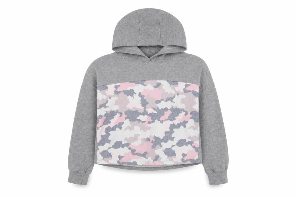Front view of F&F girls’ grey camouflage pullover hoodie, size 9-10, years