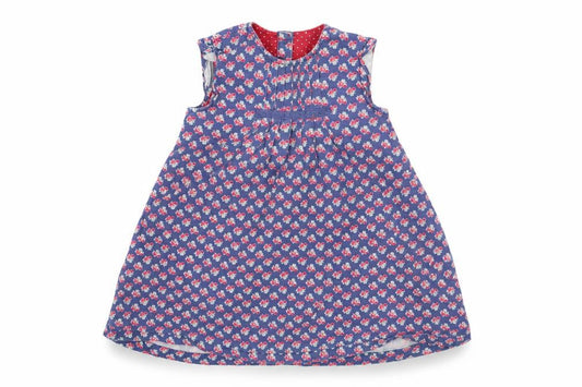 Front view of Boots Mini Club girls’ blue floral a-line, size 18-24, months