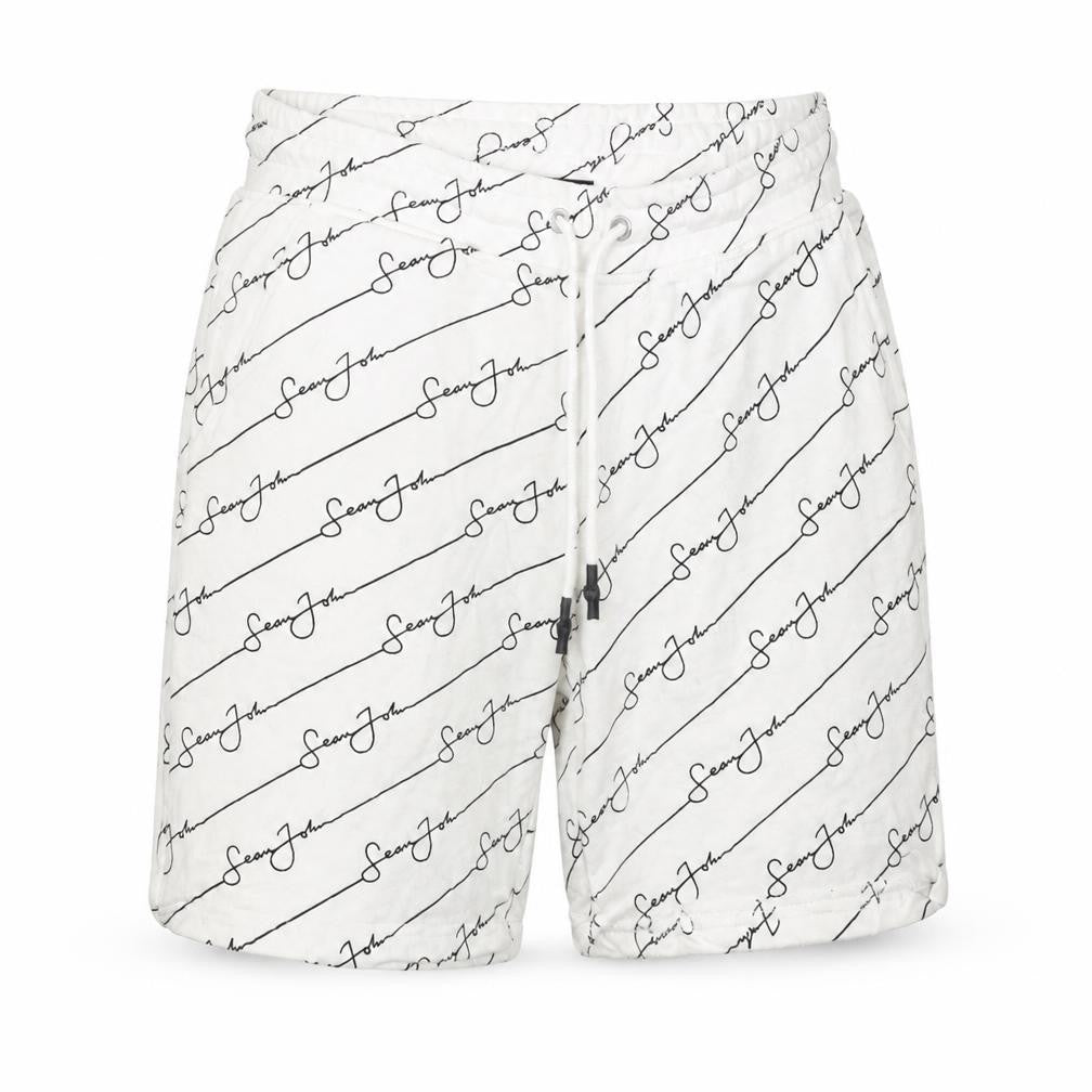 Front view of Mennace women’s white spotted sweat shorts, size M