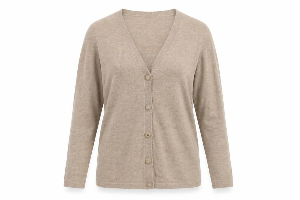 Front view of Woolworths women’s beige cardigan jumper, size S