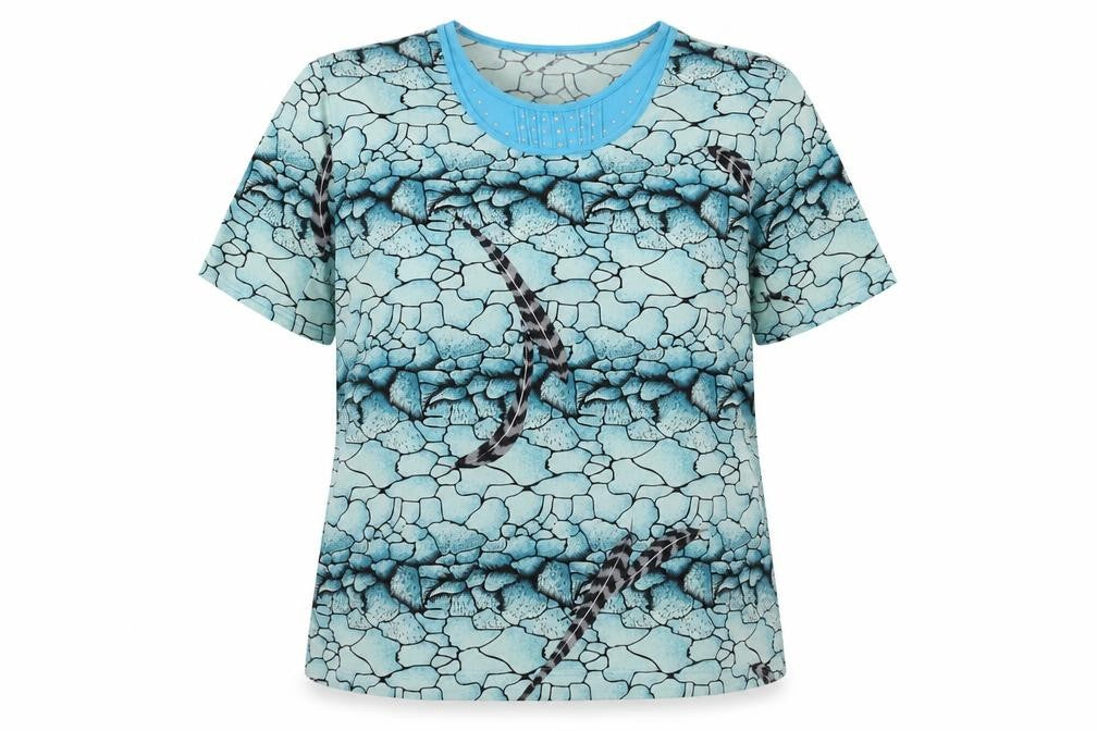 Front view of EURO MODEN women’s blue floral basic t-shirt, size 2XL
