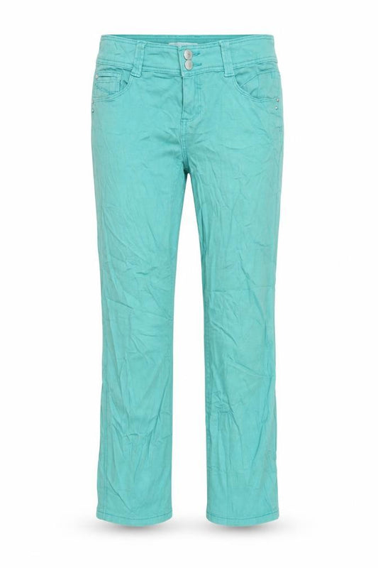 Front view of Promod women’s green denim cropped jeans, size UK 26, in, 25-inch leg