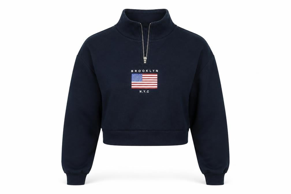 Front view of Divided by H&M women’s blue pullover sweatshirt, size S, - brooklyn n y c