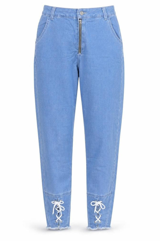Front view of PRETTYLITTLETHING women’s blue denim mom jeans, size UK 6, 28-inch leg - lace up