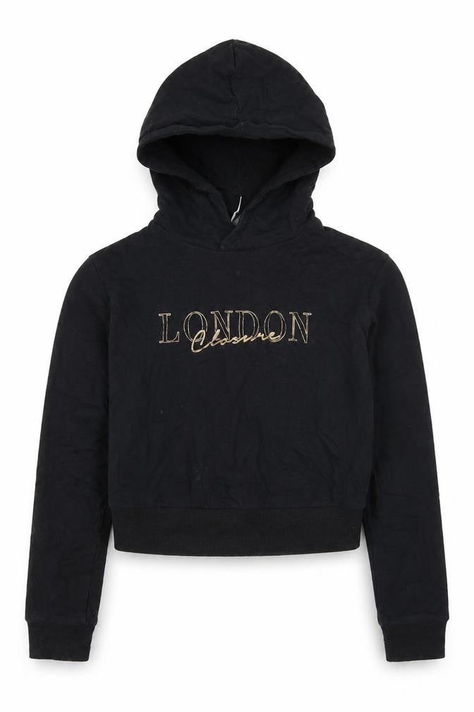 Front view of Closure London girls’ black pullover hoodie, size 12-13, years
