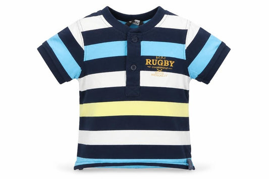 Front view of George boys’ blue striped basic t-shirt, size 9-12, months - rugby