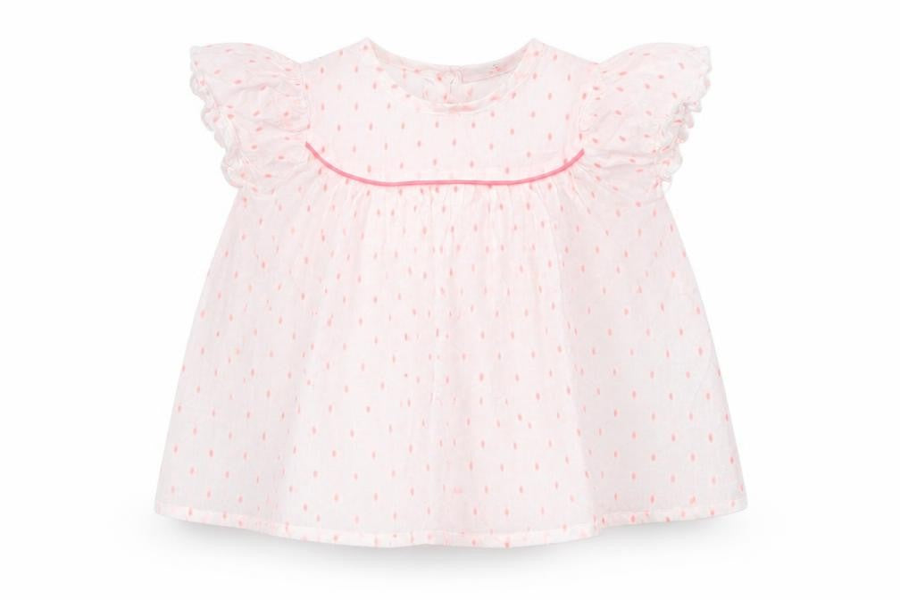 Front view of RR girls’ white spotted basic t-shirt, size 12, months