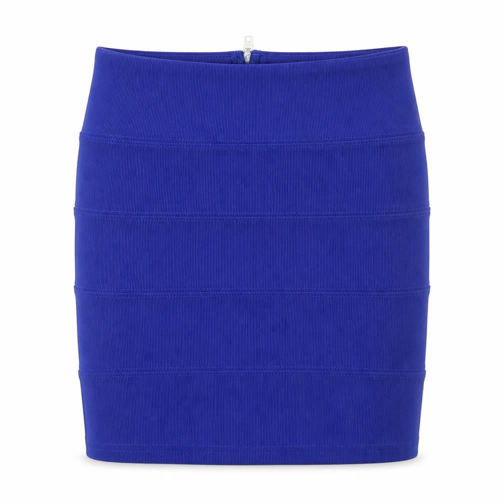 Front view of Boohoo women’s blue a-line skirt, size UK 8