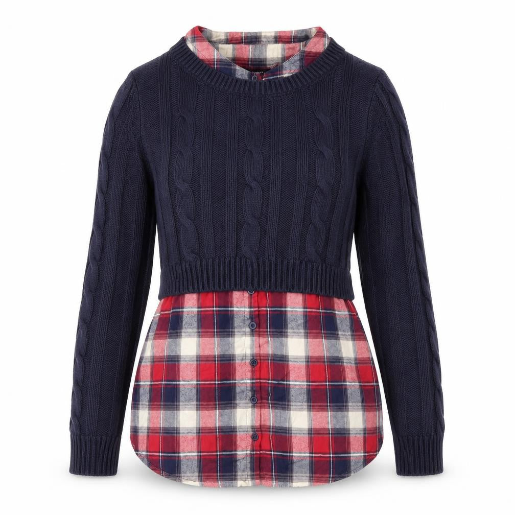 Front view of Papaya women’s blue check jumper, size UK 12