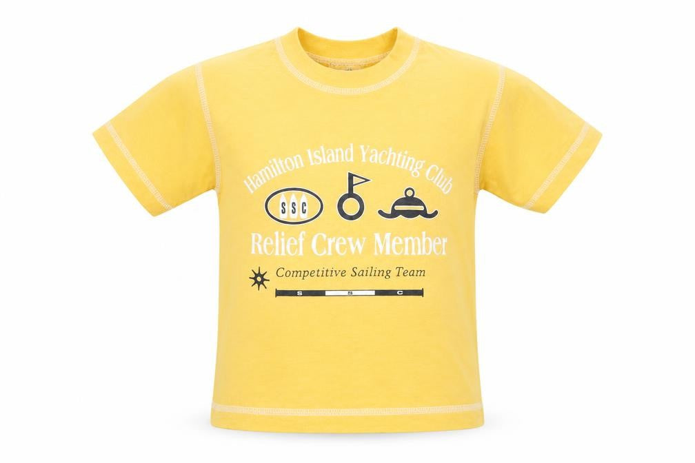 Front view of Serious Stuff boys’ yellow basic t-shirt, size 12, months - sailing