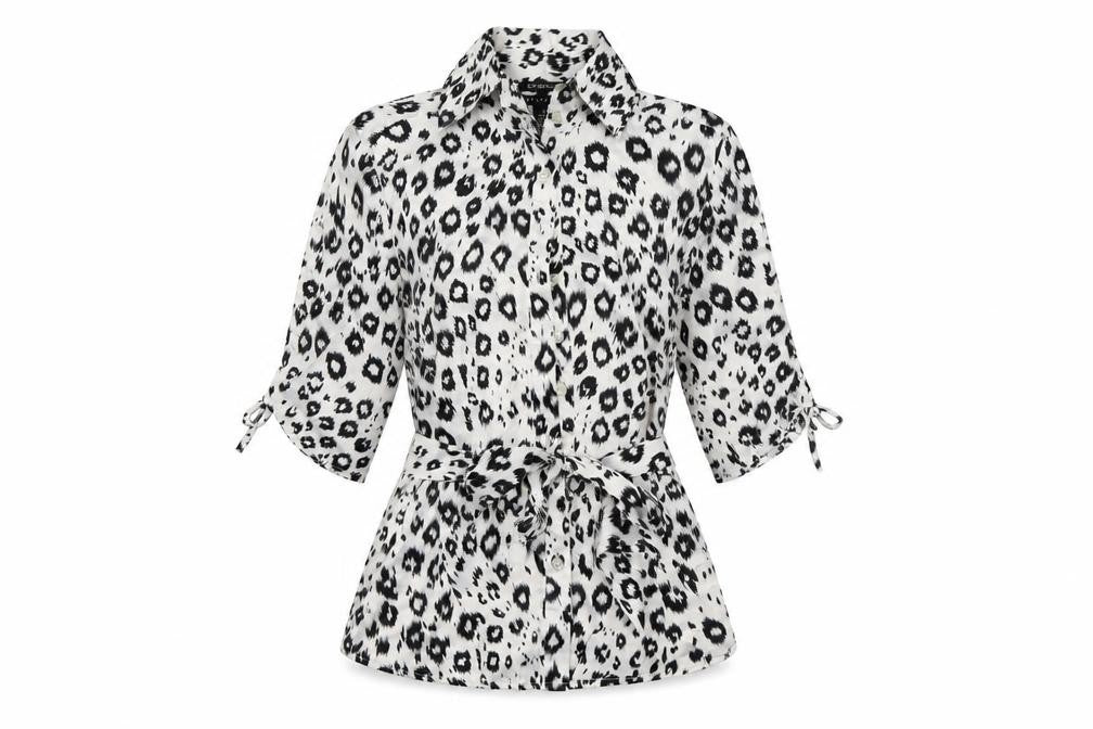 Front view of AntiliaFemme women’s white animal print basic button-up, size M