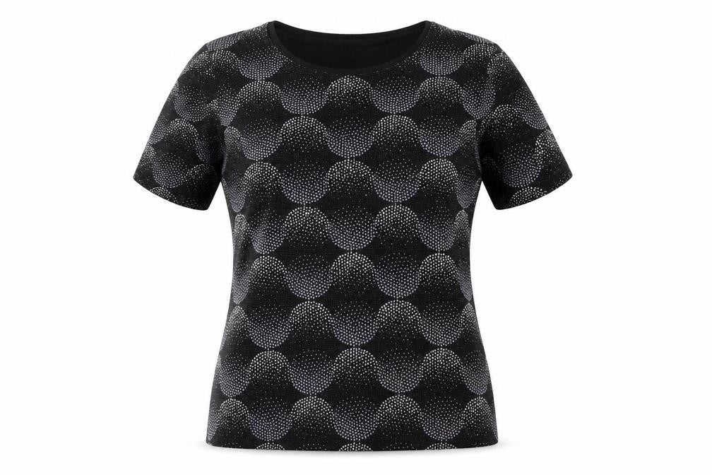 Front view of Heena Fashions women’s black geometric basic blouse, size UK 12, - beaded detail