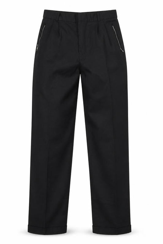 Front view of Preworn men’s black trousers, size 30, 29-inch leg - zipped pockets
