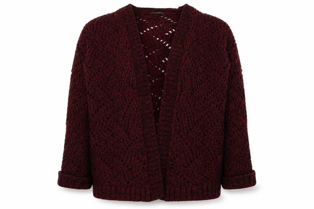 Front view of Venus women’s red knit cardigan jumper, size L
